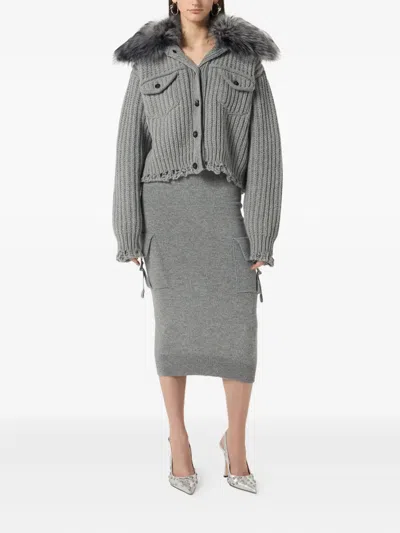 Blumarine Cropped Ribbed Cardigan In Gray