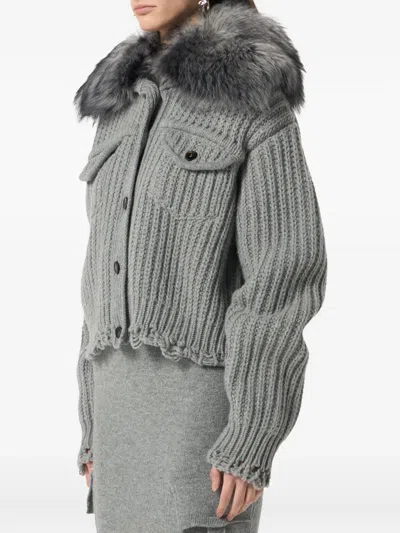 Blumarine Cropped Ribbed Cardigan In Gray