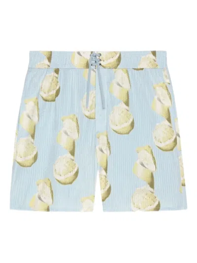 Givenchy Lemon-print Seersucker Swim Shorts In Blue
