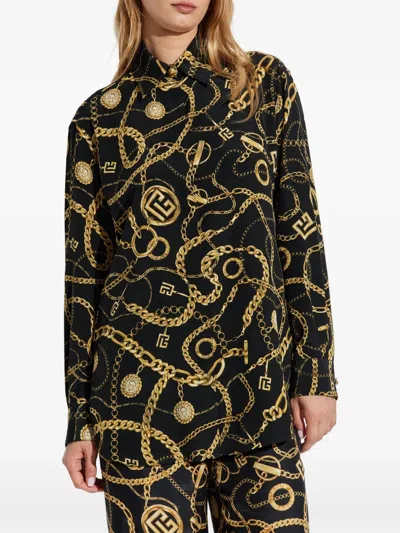 Balmain Chain-print Button-up Shirt In Black