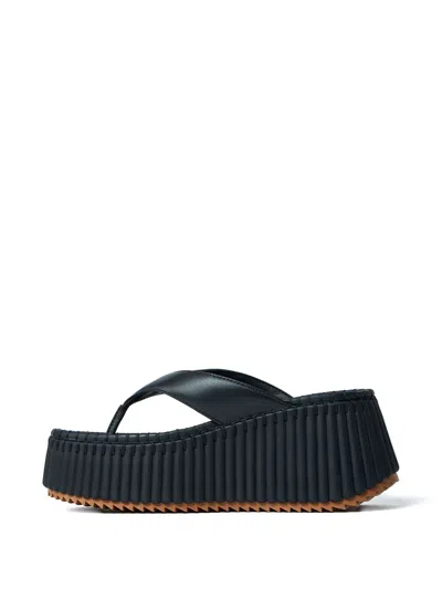 Chloé Heeled Leather Platform Sandals With Ribbed Sole In Blue