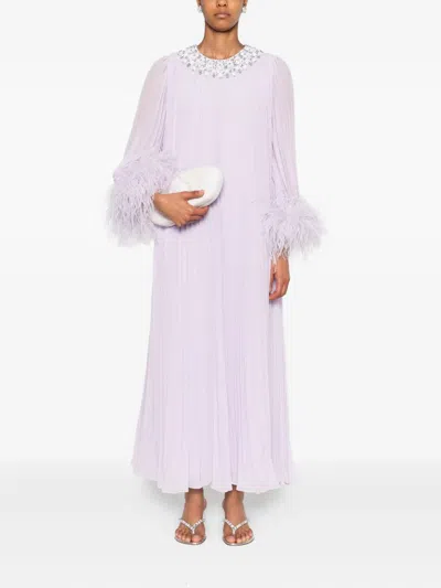 Self-portrait Feather-trimmed Plisse Chiffon Midi Dress In Purple