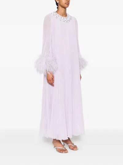 Self-portrait Feather-trimmed Plisse Chiffon Midi Dress In Purple