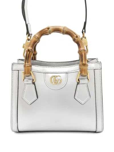 Pre-owned Gucci 2016-2025 Mini Calfskin Bamboo Diana Satchel In Silver