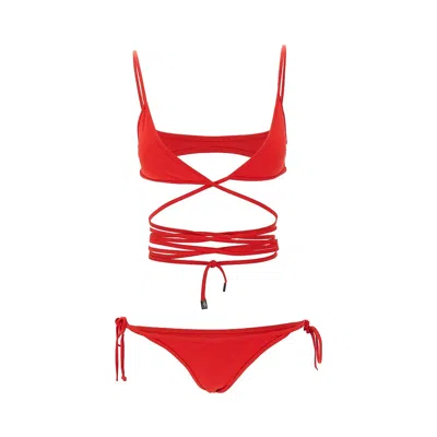 Attico Wrap-around Straps Triangle Top Bikini In Red