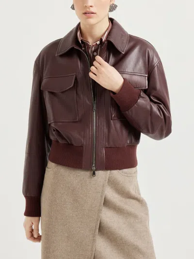 Brunello Cucinelli Leather Flap-pocket Jacket In Brown