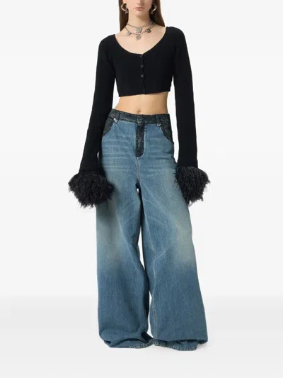 Blumarine Ribbed Cropped Cardigan In Black
