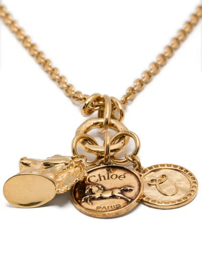 Chloé Metallic Necklace With Rear Hook Closure And Three Logo Charms In Brass Woman In Gold