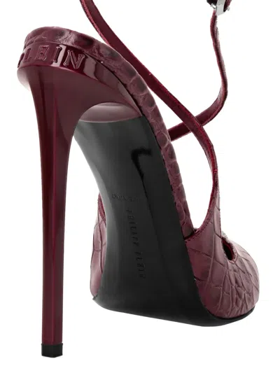 Philipp Plein 120mm Crocodile-effect Skull-detail Pumps In Burgundy