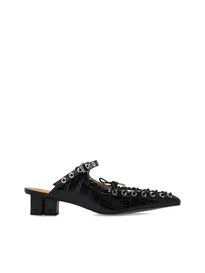 Ganni Laced Block Heel Mules With Eyelet Detailing