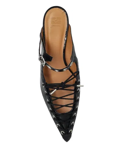 Ganni Laced Block Heel Mules With Eyelet Detailing