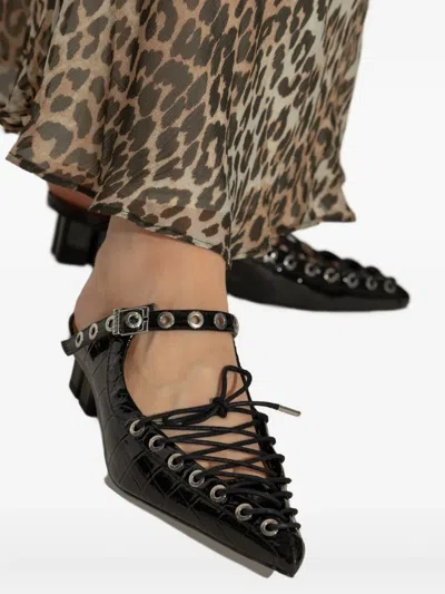 Ganni Laced Block Heel Mules With Eyelet Detailing