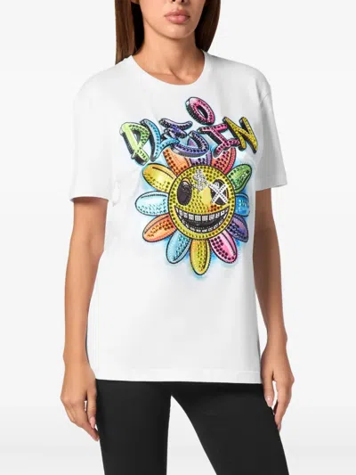 Philipp Plein Crystal-embellished Flower T-shirt In White