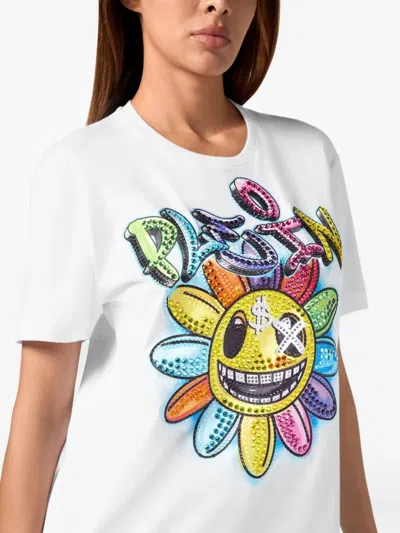 Philipp Plein Crystal-embellished Flower T-shirt In White