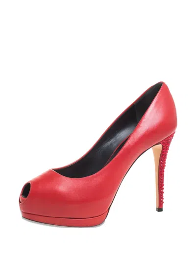 Pre-owned Giuseppe Zanotti Vintage  115mm Leather Peep-toe Pumps In Red