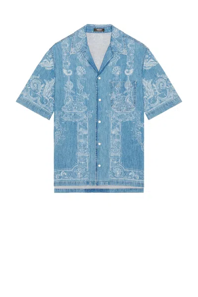 Versace Laser Denim Holiday Print Shirt In Blue