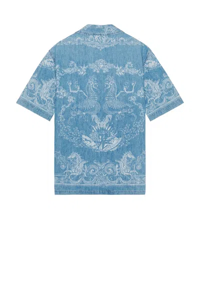 Versace Laser Denim Holiday Print Shirt In Blue