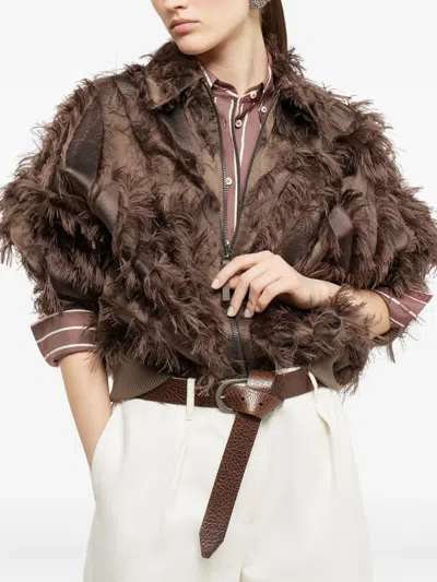 Brunello Cucinelli Feather-trimmed Bomber Jacket In Brown