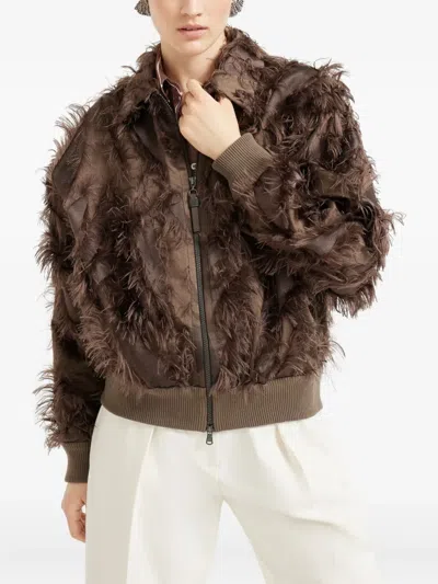 Brunello Cucinelli Feather-trimmed Bomber Jacket In Brown