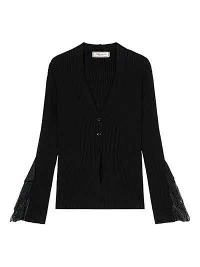 Blumarine Ribbed Lace-trimmed Cardigan In Black