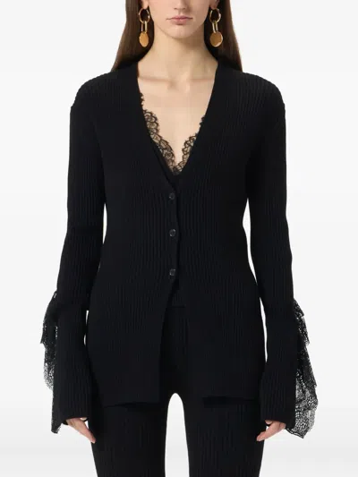 Blumarine Ribbed Lace-trimmed Cardigan In Black