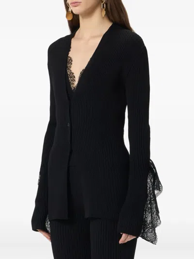 Blumarine Ribbed Lace-trimmed Cardigan In Black