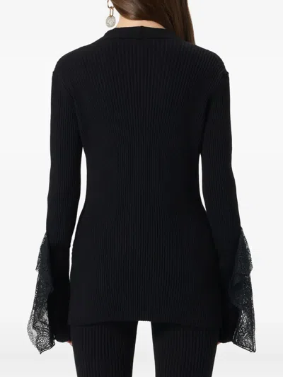 Blumarine Ribbed Lace-trimmed Cardigan In Black