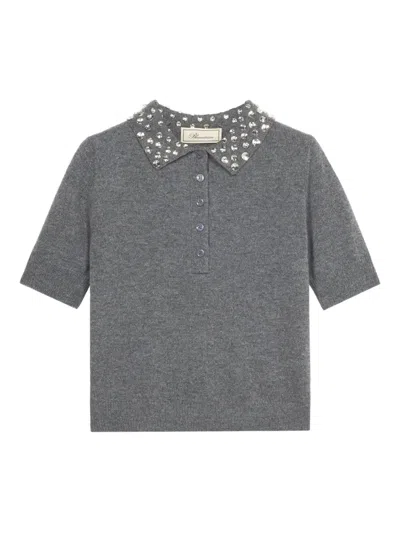Blumarine Beaded-collar Polo Top In Gray