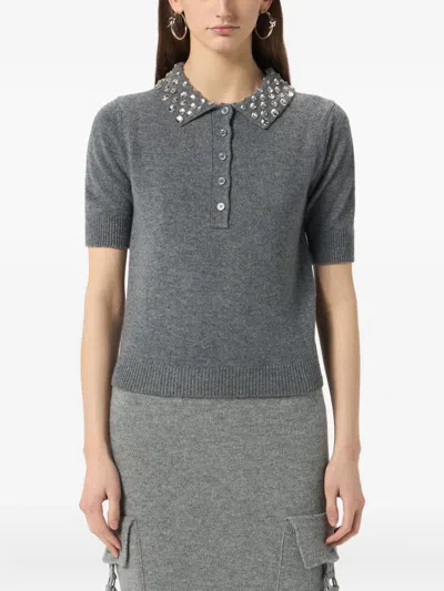 Blumarine Beaded-collar Polo Top In Gray