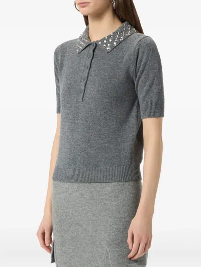Blumarine Beaded-collar Polo Top In Gray