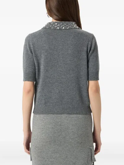 Blumarine Beaded-collar Polo Top In Gray