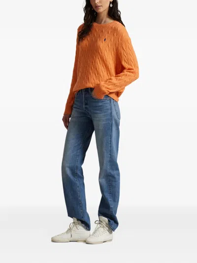 Polo Ralph Lauren Cable Knit Sweater With V-neck In Orange
