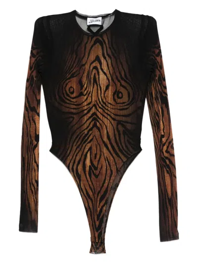 Jean Paul Gaultier Abstract Pattern Crew Neck Long Sleeve Bodysuit In Brown