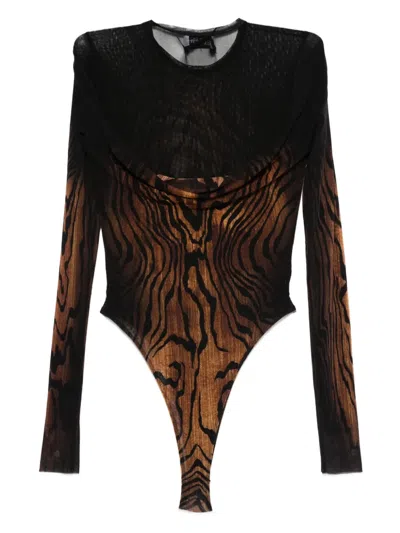 Jean Paul Gaultier Abstract Pattern Crew Neck Long Sleeve Bodysuit In Brown