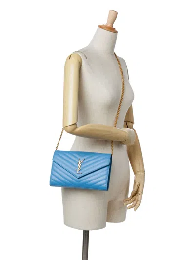 Pre-owned Saint Laurent 2015 Grain De Poudre Matelasse Chevron Monogram Chain Wallet Crossbody Bag