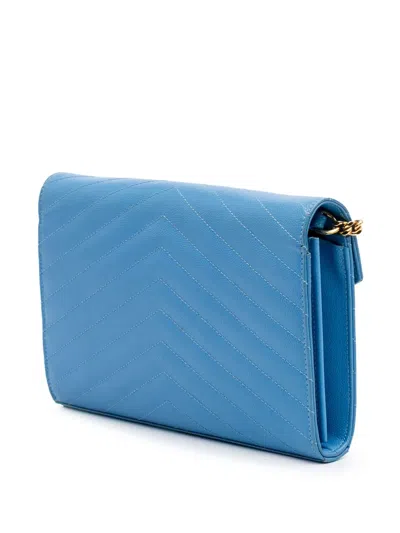 Pre-owned Saint Laurent 2015 Grain De Poudre Matelasse Chevron Monogram Chain Wallet Crossbody Bag
