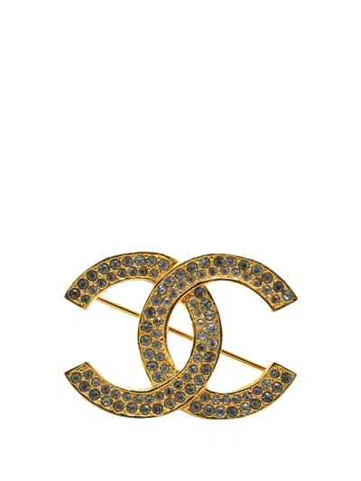 Pre-owned Chanel 1950-1970 Gold Plated Rhinestone Cc Brooch Costume Brooch