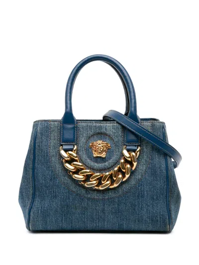 Pre-owned Versace 2021-2025 Small Denim La Medusa Chain Top Handle Bag Satchel