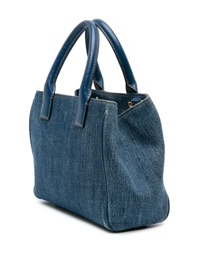 Pre-owned Versace 2021-2025 Small Denim La Medusa Chain Top Handle Bag Satchel