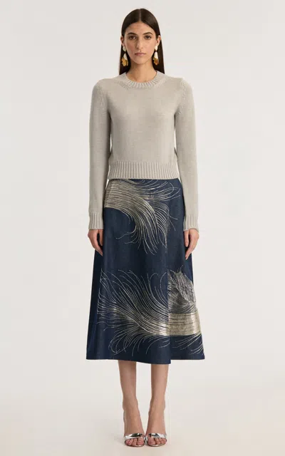 Oscar De La Renta Fringed Feather Embroidered Melange Pull In Gray