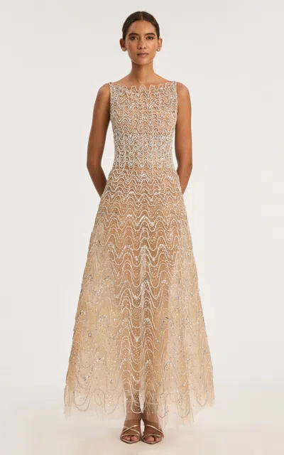Oscar De La Renta Sleeveless Crystal Wave Embroidered Cocktail Dress In Gold