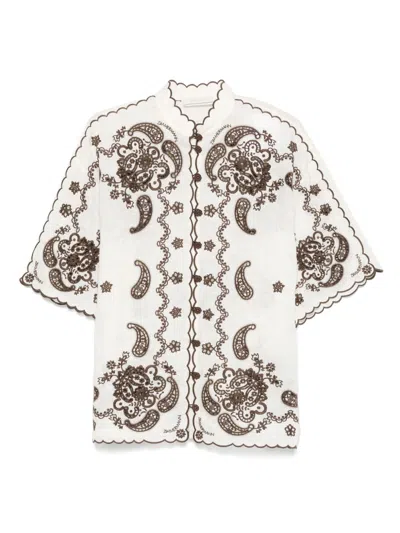 Zimmermann Ascension Leather-trimmed Broderie Anglaise Linen Shirt In White