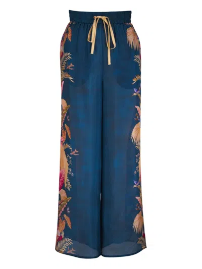 Zimmermann Womens Dark Blue Palm Floral Ascension Relaxed-fit Silk Trousers