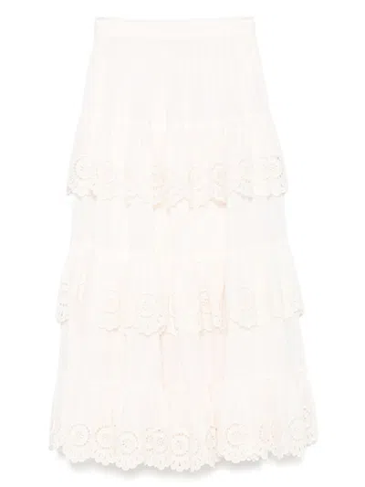 Zimmermann Ivory Embroidered Cotton Lucky Tiered Midi Skirt In White