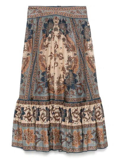 Zimmermann Womens Blue Cream Indienne Ascension Tiered Silk Midi Skirt Xs