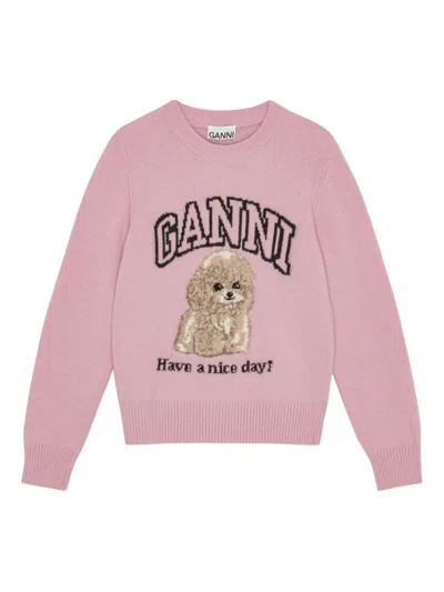 Ganni Wool Sweater With Poodle In Pink