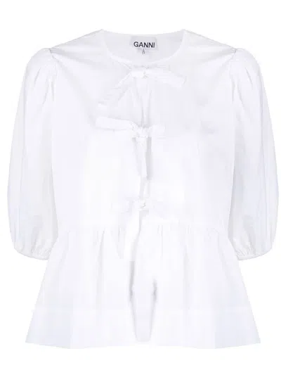 Ganni Womens Bright White Tie Strap Puffed-sleeves Stretch-cotton Blouse In White