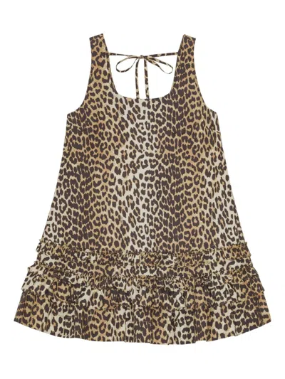 Ganni Brown Leopard Cotton Poplin Mini Dress In Brown