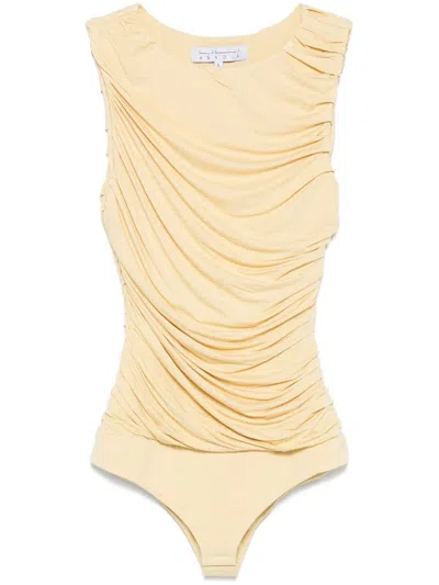 Abadia Draped Pastel Yellow Bamboo Rayon Bodysuit In Yellow