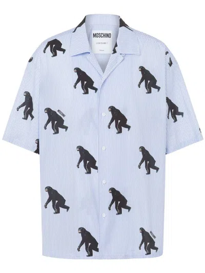 Moschino Poplin Shirt Allover Chimpanzee In Blue